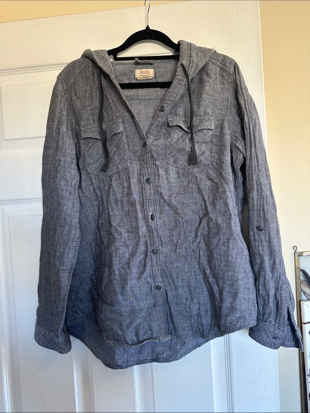 Womens Hooded Button-Front Shirt Jacket - Gray